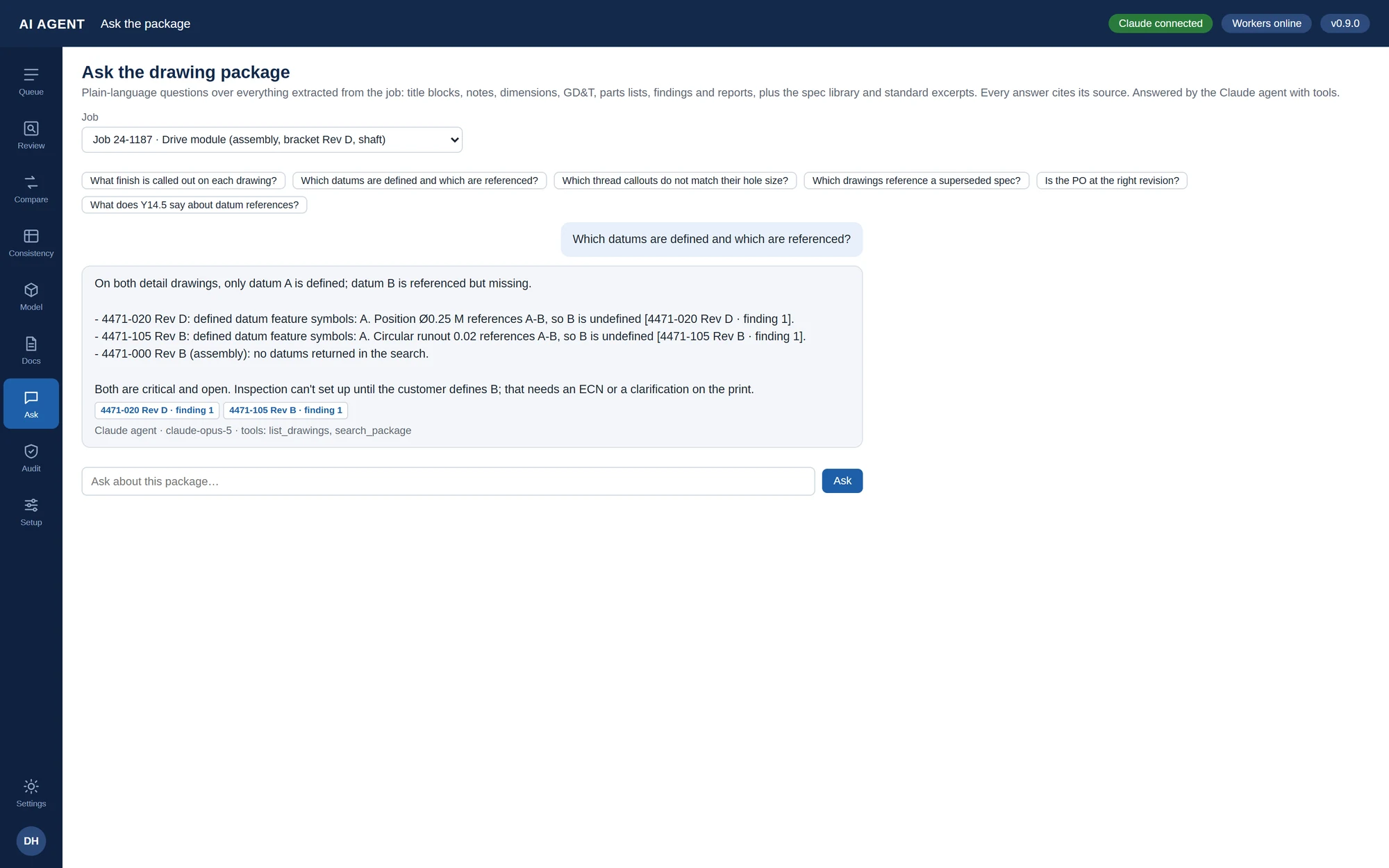 Plain-language question answered from the drawing package with clickable source citations