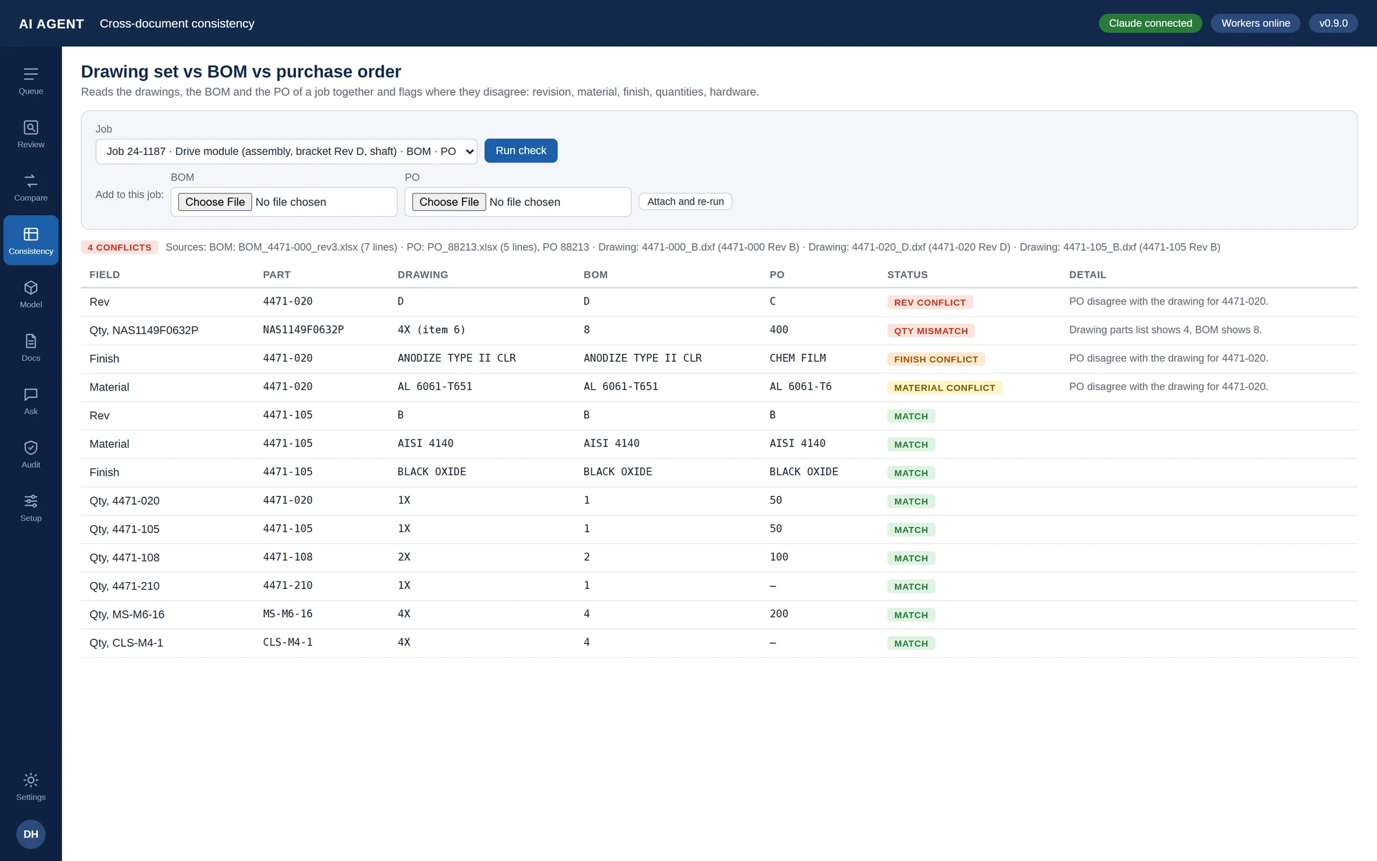 Cross-document consistency table comparing drawing, BOM and purchase order field by field