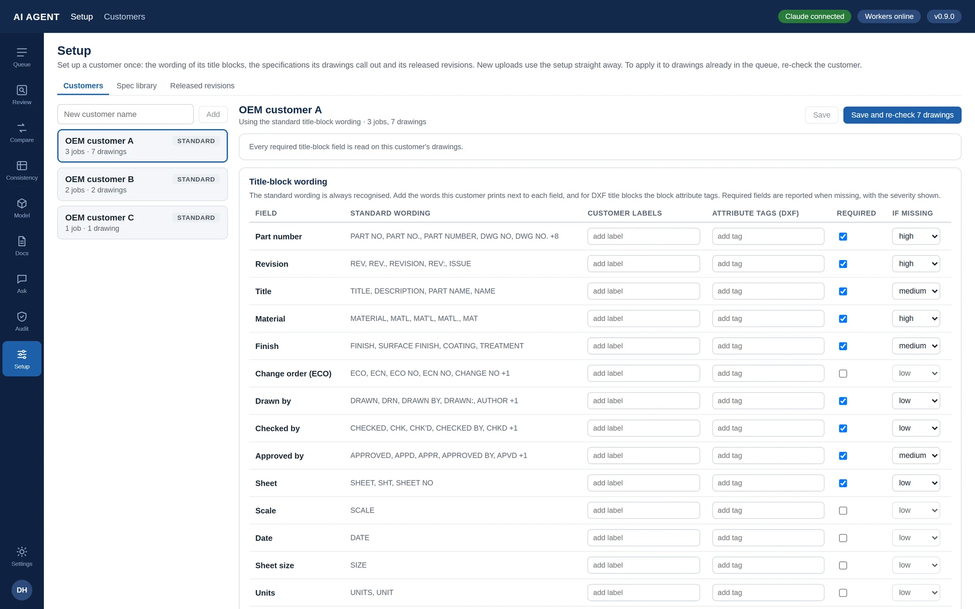 Per-customer title block setup listing fields, standard wording, customer labels and DXF attribute tags