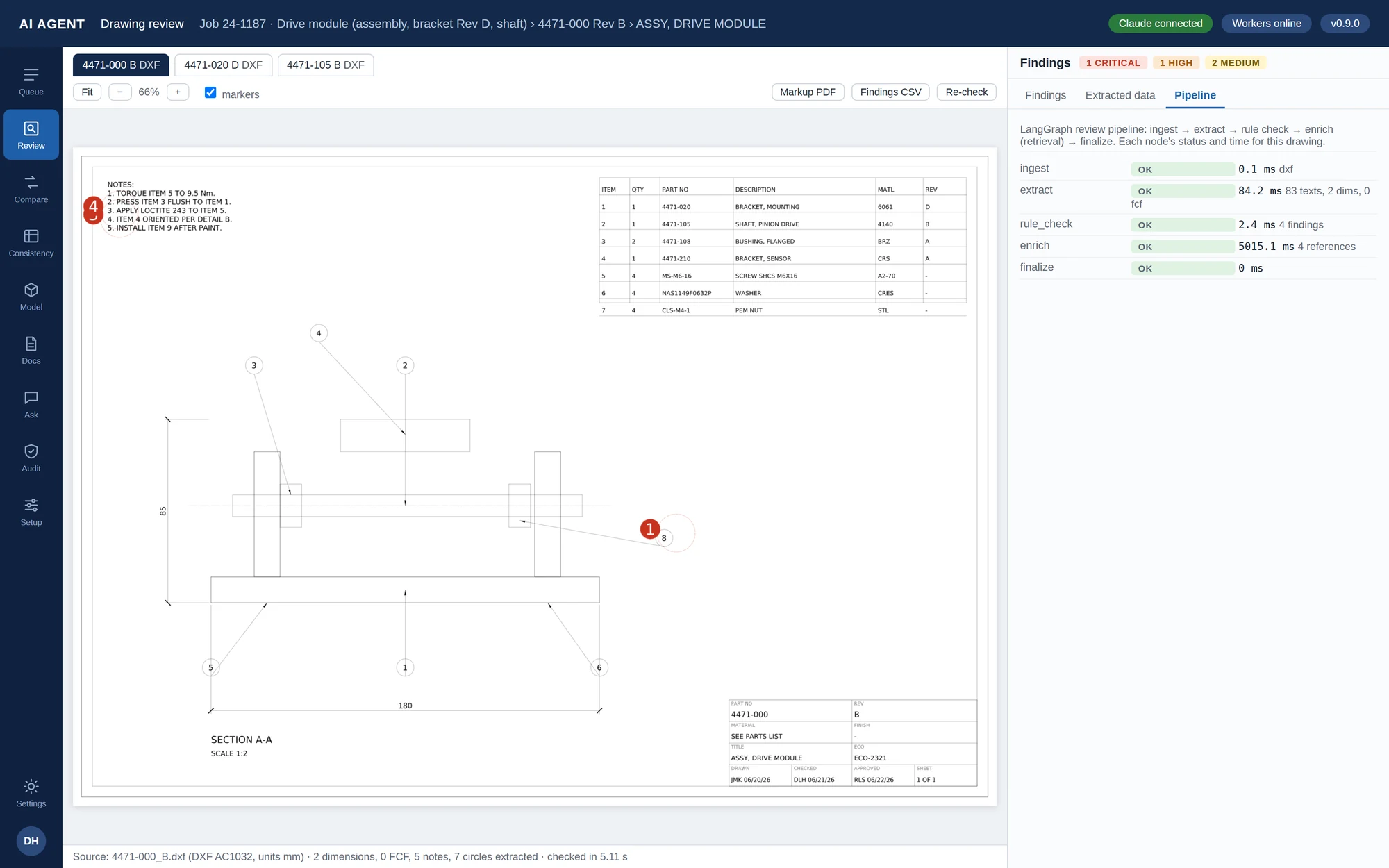 Pipeline tab showing ingest, extract, rule check, enrich and finalize stages with per-stage timings